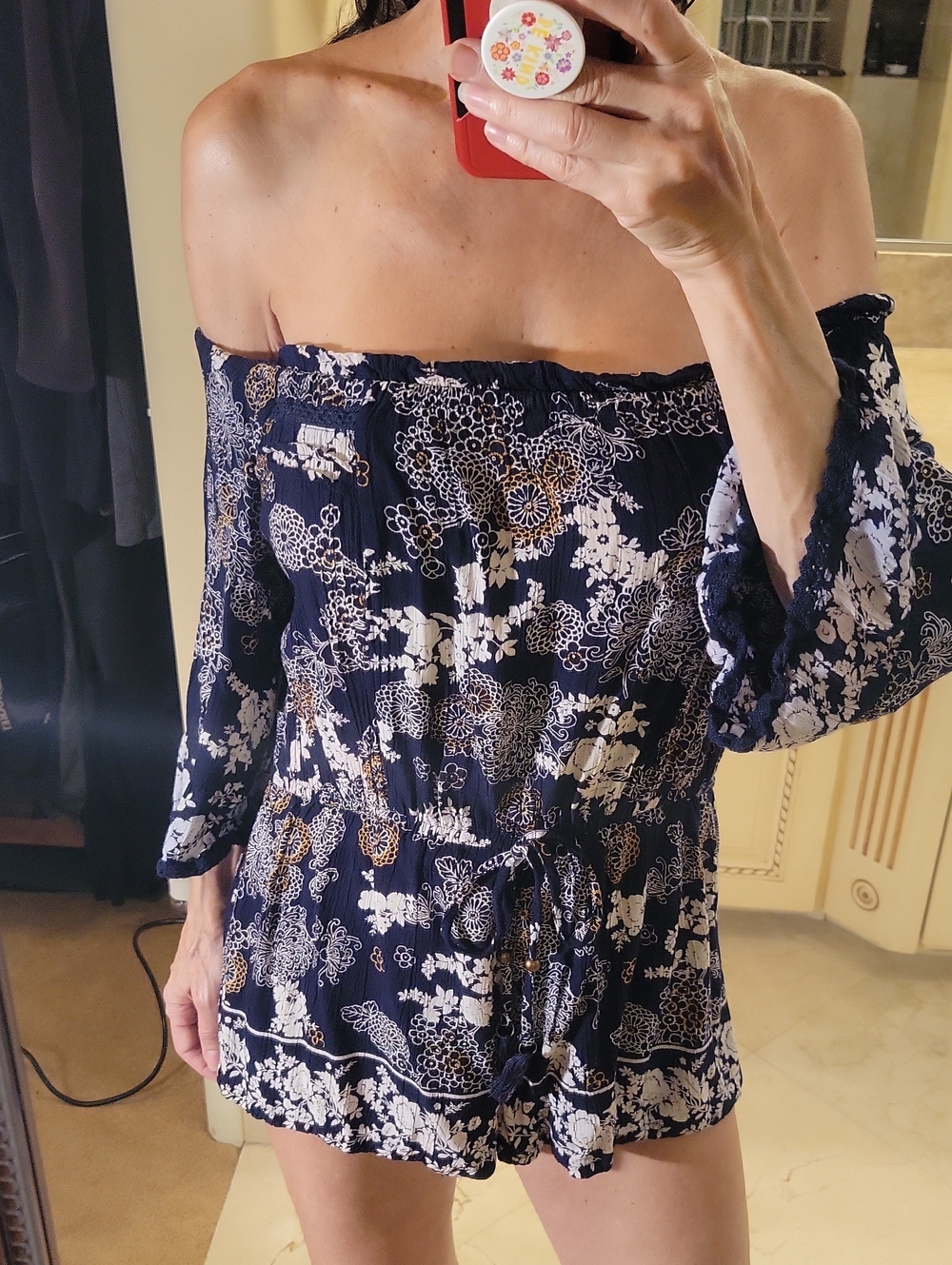 Angie Navy Romper with White and Gold Floral Print, S - Picture 12 of 16